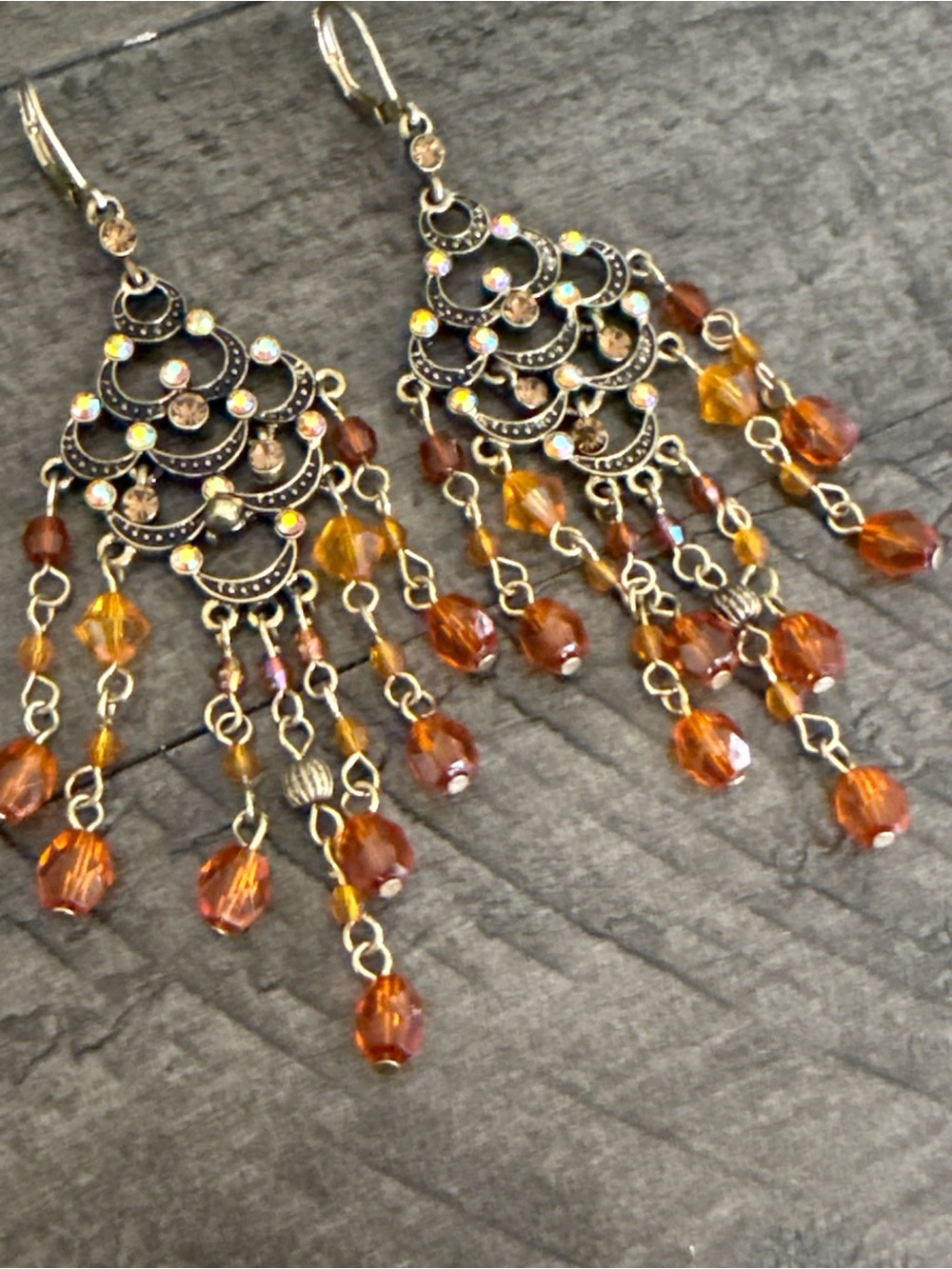 Gold-tone Orange Beaded Chandelier Earrings - Picture 4 of 6